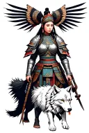 ancient Mongolian female warrior wearing a battle armor and accompanied by a pet wild white wolf tattoo design idea