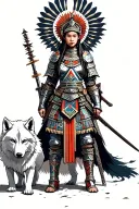 ancient Mongolian female warrior wearing a battle armor and accompanied by a pet wild white wolf tattoo design idea