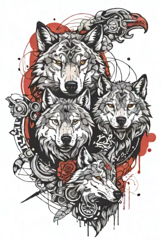 2 wolf heads like brahma one calm and one menacing.  in the background is nataraja.  tattoo design idea