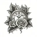 hand tattoo with half a clock and half a rose    tattoo design idea
