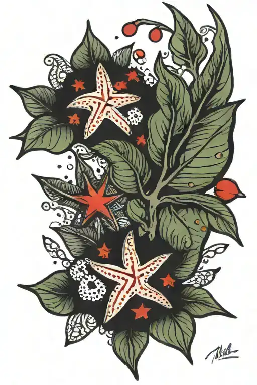 small red stars and cowrie shells  tattoo design idea