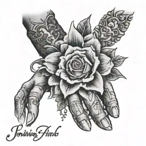 Rosery around wrist going onto hand, name “Juana” on side of hand by pinky with “1954” on knuckles  tattoo design idea