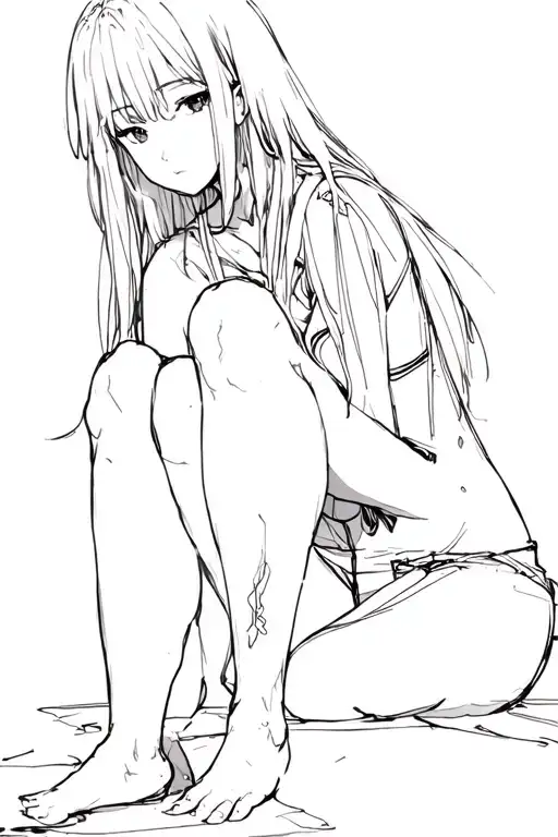 Anime girl is sitting above the elbow, she has long hair and black eyes. Gothic lines run from it past the elbow downwar tattoo design idea