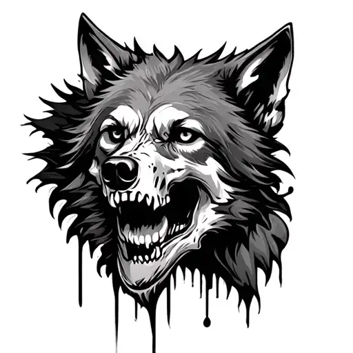 A wolf's head. The design should show the wolf in a decayed state,  revealing its skull. tattoo design idea