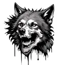 A wolf's head. The design should show the wolf in a decayed state,  revealing its skull. tattoo design idea