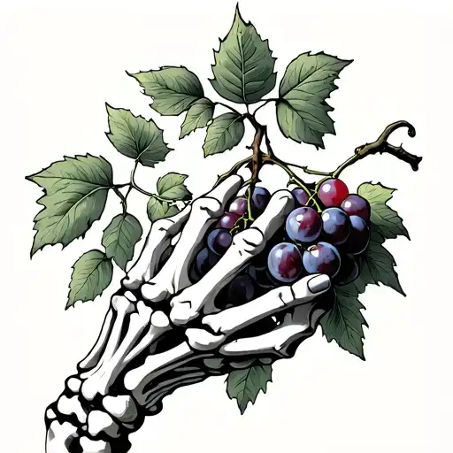 Skeleton hand holding grapes growing tattoo design idea