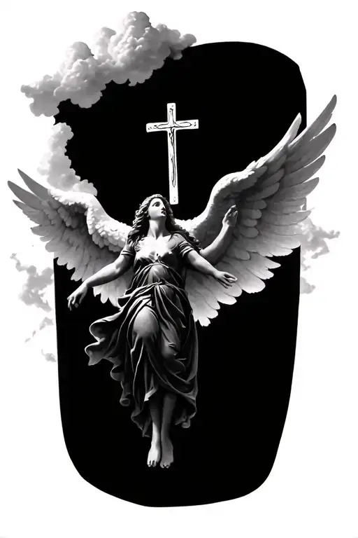 an angel falling with clouds and a cross in the back tattoo design idea