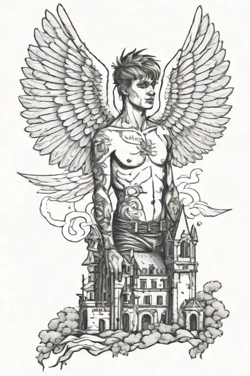 Icarus With dead looking wings with The lil peep castle with  tattoo design idea