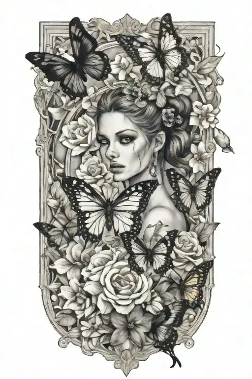 strength tarot card black queen butterflies flowers surround it tattoo design idea