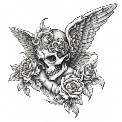 skeleton cherub face and wings tattoo design idea