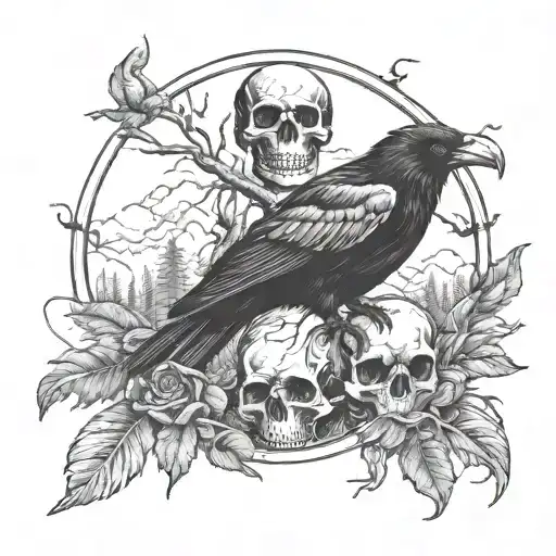 Black forest background, skull with a black raven sitting on it tattoo design idea