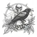 Black forest background, skull with a black raven sitting on it tattoo design idea