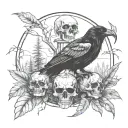 Black forest background, skull with a black raven sitting on it tattoo design idea