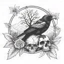 Black forest background, skull with a black raven sitting on it tattoo design idea