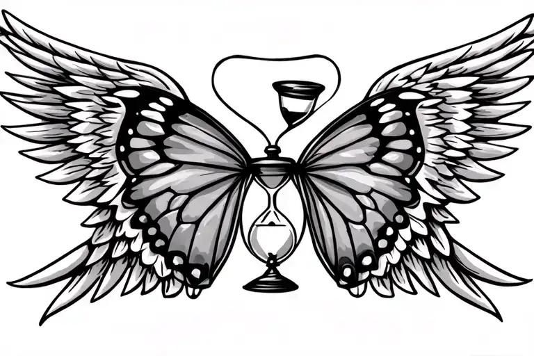 butterfly and angel wing with hourglass between wings tattoo design idea