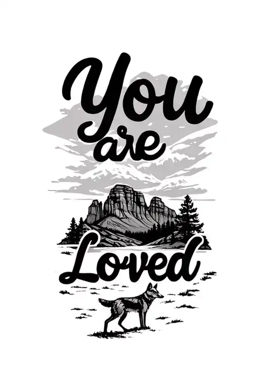 "You are loved" Zion national park landscape featuring a small coyote in background tattoo design idea
