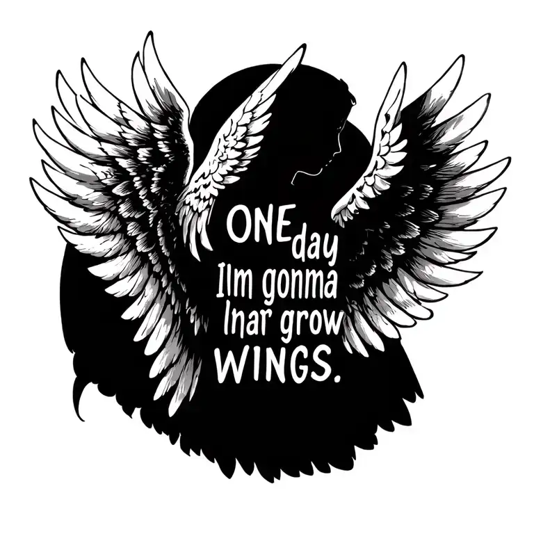 angel wings spread wide with a quote "one day im gonna grow wings" tattoo design idea