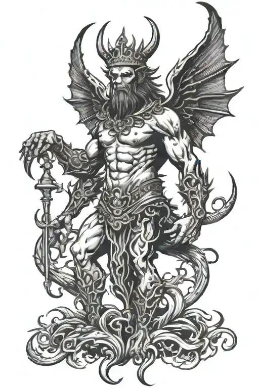 a full-length demon with wings and a crown above his head tattoo design idea