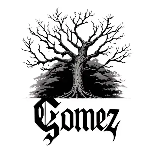 The tree is bare branched covers the whole back. with the name "Gomez" in  furthark runic horizontal in the outline tattoo design idea
