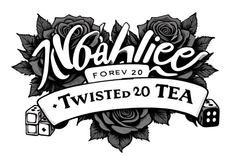 noahieee forever 20 with roses and cards and dice with twisted tea logo involved tattoo design idea