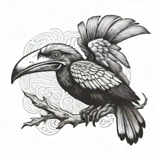 flying hornbill facing front view tattoo design idea