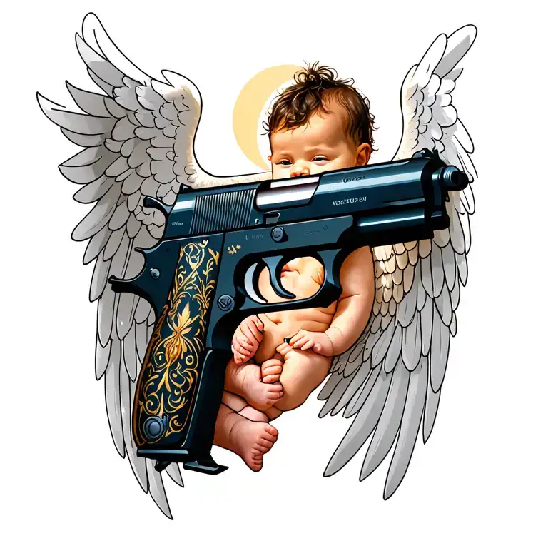 Gun baby is perfect under angelic wings tattoo design idea