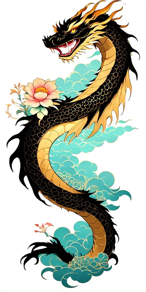 Haku dragon from spirited away in Clair obscur expedition 33 gold style with flower and clouds filling all the arm tattoo design idea