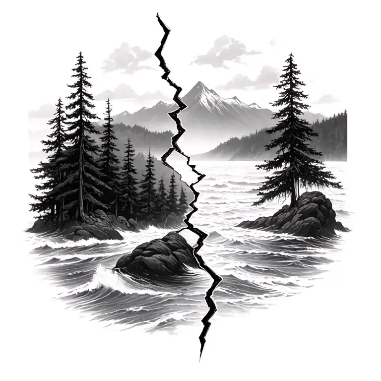 Oceanside mountains with forest, with a broken lime goi g through it to represent a broken memory tattoo design idea