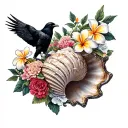 large  twisted conch shell with plumeria and carnations and cosmos guarded by a raven tattoo design idea