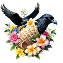large  twisted conch shell with plumeria and carnations and cosmos guarded by a raven tattoo design idea