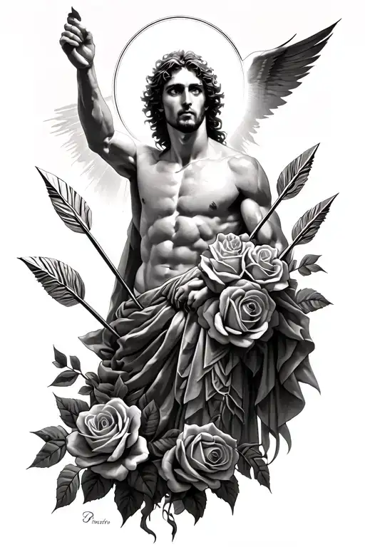 patron saint Sebastian with arrows and roses with an angle shinning light onto him tattoo design idea