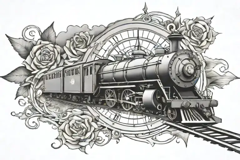 A train winding through a smoky compass rose surrounded tattoo design idea