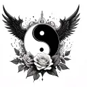 a yin yang symbol with angle wing and a demon wing with a rose in the background tattoo design idea
