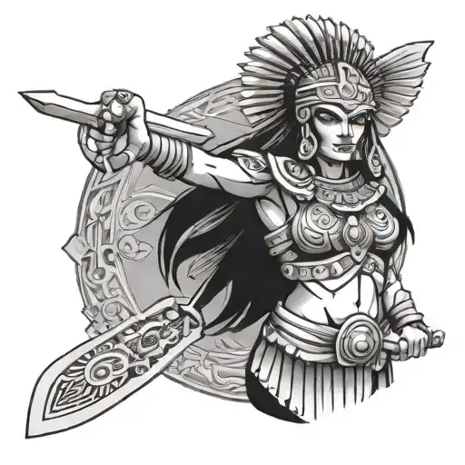 female aztec warrior wielding a sword tattoo design idea