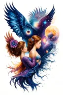 first names Scarlett and Haylie integrated into an allegory of the family and the universe tattoo design idea