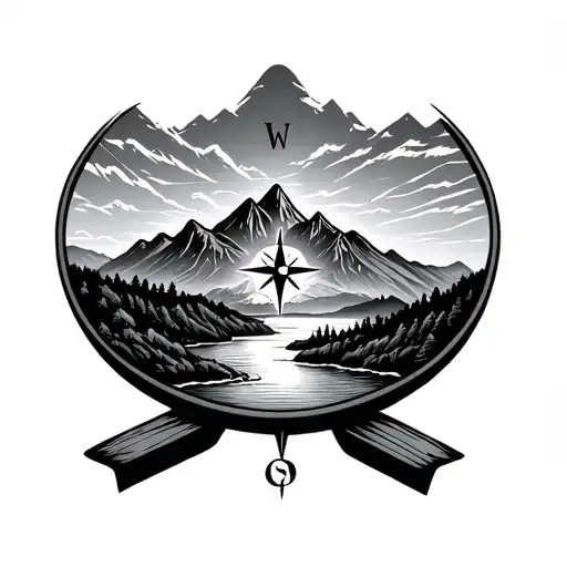 mountains, sky, and river landscape encircled by a compass tattoo design idea