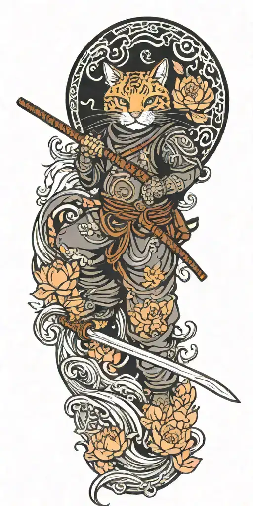 ninja cat holding katana, tail, water, waves, lotus, sakura, clouds, whirlpool, leaves, peony, sun, waterfall tattoo design idea