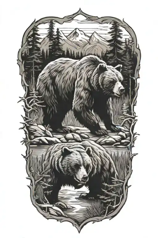 bear, forest, mountains, river tattoo design idea