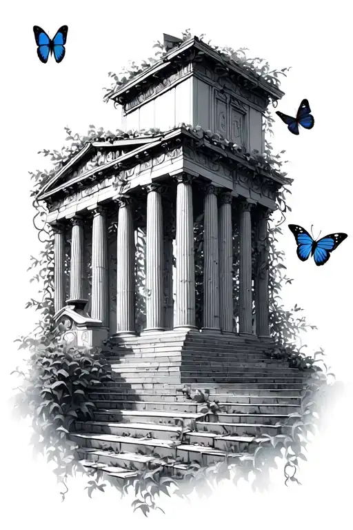 Greek building with vines and butterfly's  tattoo design idea