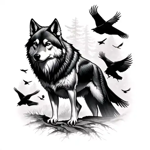 a lone wolf surrounded by ravens in the woods tattoo design idea
