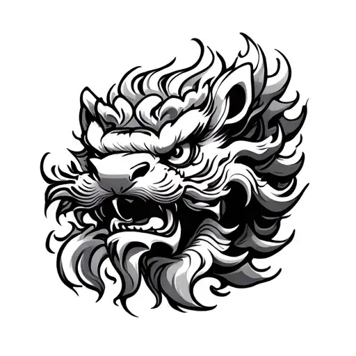 Neo traditional, Komainu, thick linework, fierce, japanese swirls, japanese waves, japanese flames tattoo design idea
