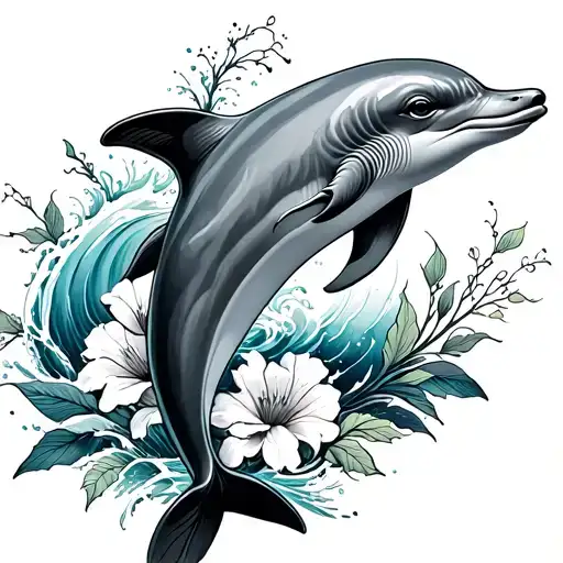 dolphin jumping wave floral fine line tattoo tattoo design idea