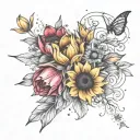 Tulip and Sunflower bouquet with Aries and Virgo constellation tattoo design idea