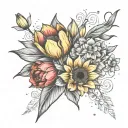 Tulip and Sunflower bouquet with Aries and Virgo constellation tattoo design idea