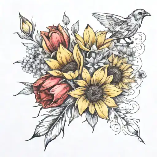 Tulip and Sunflower bouquet with Aries and Virgo constellation tattoo design idea