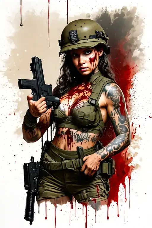 full length sexy soldier with cleavage valentina shevchenko covered in blood and holding an mp5 smg gun  tattoo design idea