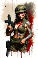 full length sexy soldier with cleavage valentina shevchenko covered in blood and holding an mp5 smg gun  tattoo design idea