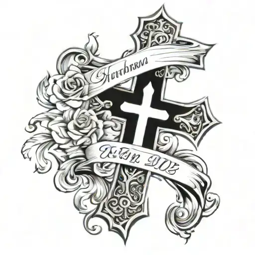 Christian cross with date of birth Mathéo 02/07/07 Marie 03/02/04 Maxence 07/04/05 Thomas 08/04/03 Paul 17/02/04 tattoo design idea