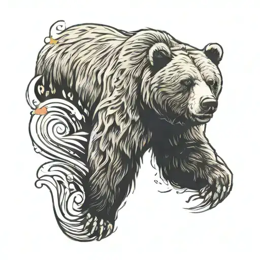 grizzly bear and honey bee and wave or ocean waves tattoo design idea