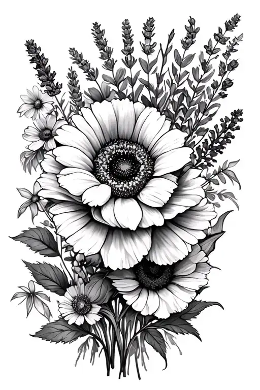wildflowers with sunflower, poppy, wild rose, lavender and sweet grass tattoo design idea